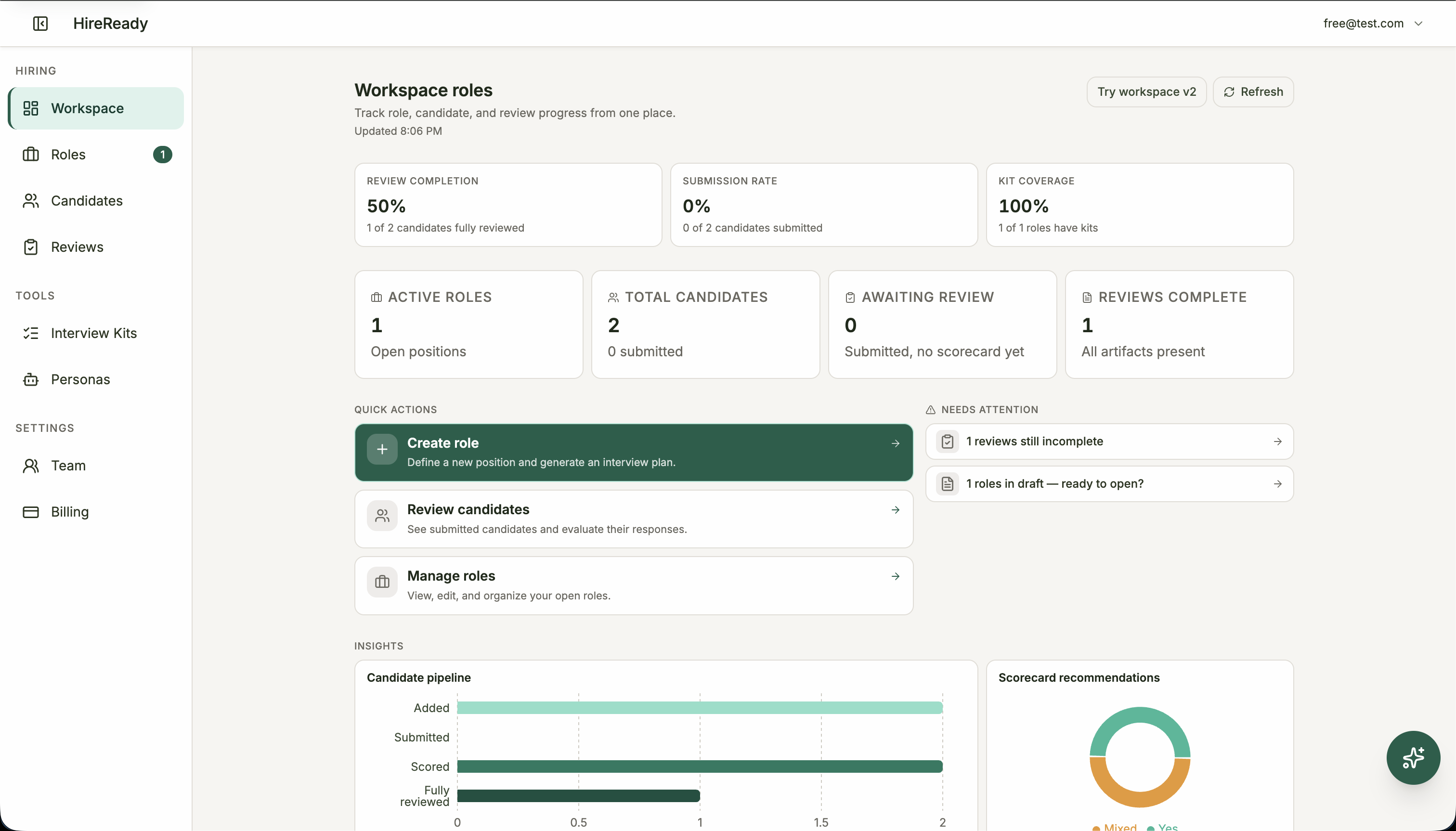 HireReady workspace showing AI-generated interview kit with scoring criteria and competency-linked questions