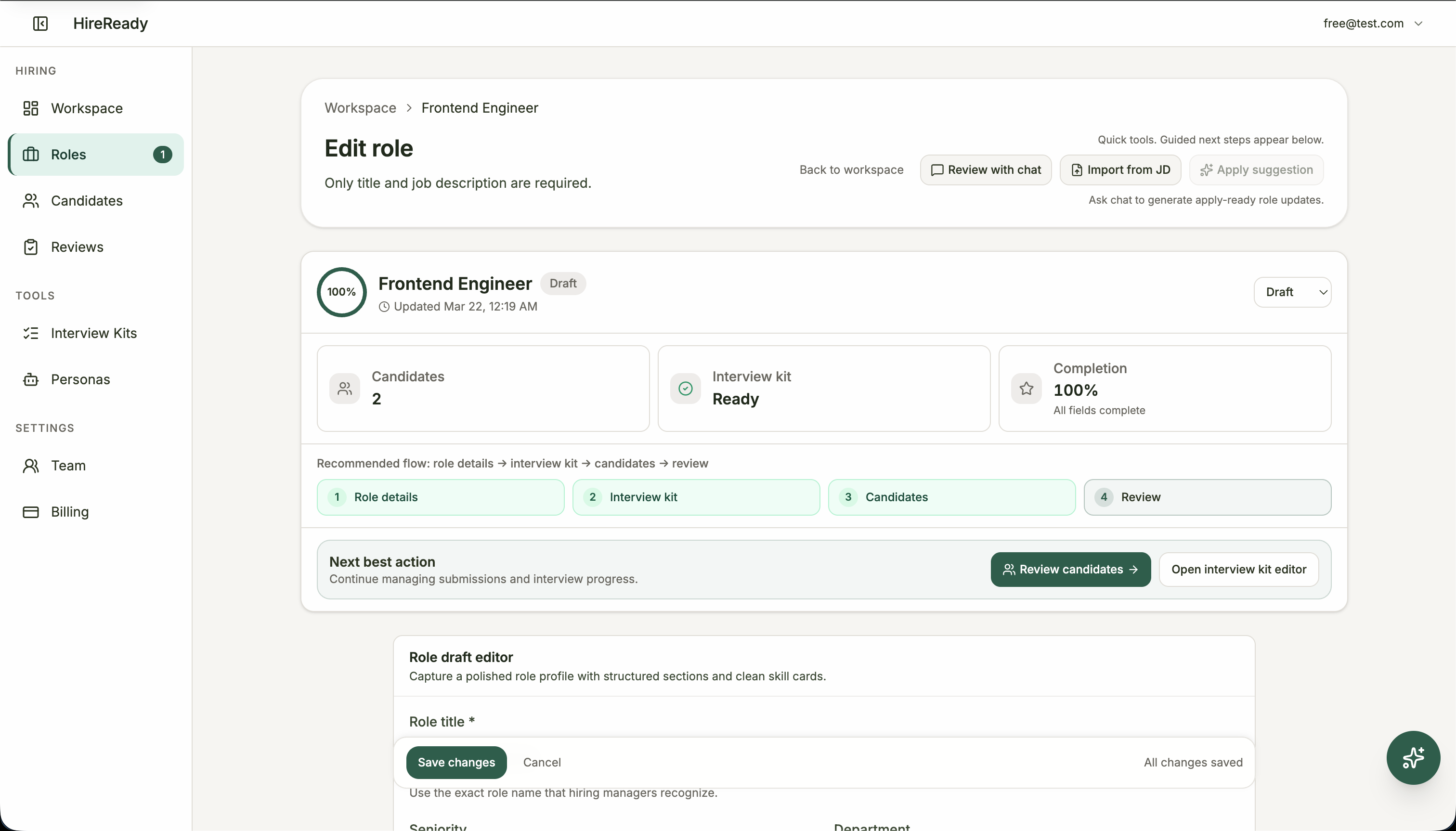 Role creation form with AI-structured competencies and skills