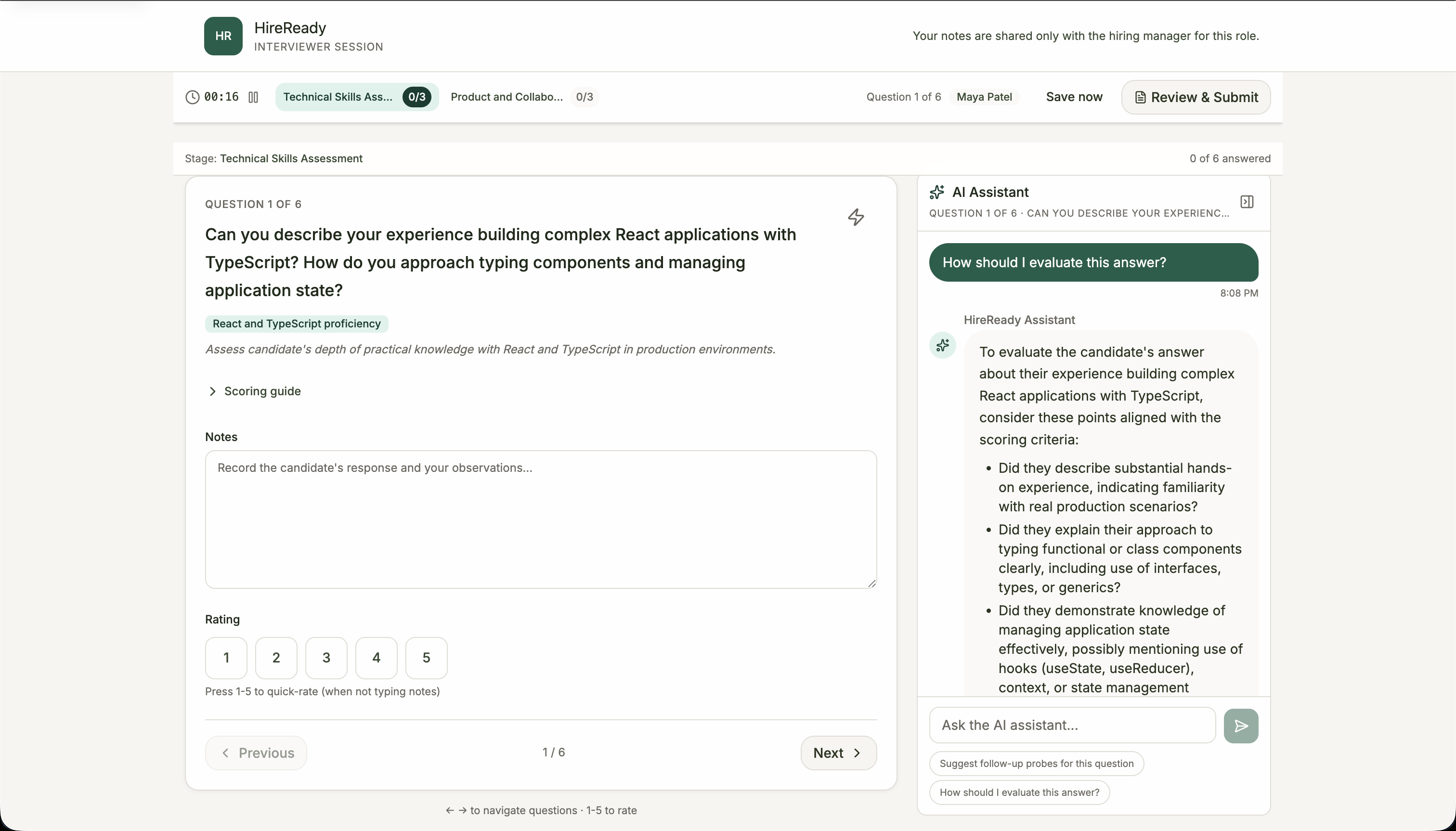 Interviewer workspace with question cards, notes, and rating inputs