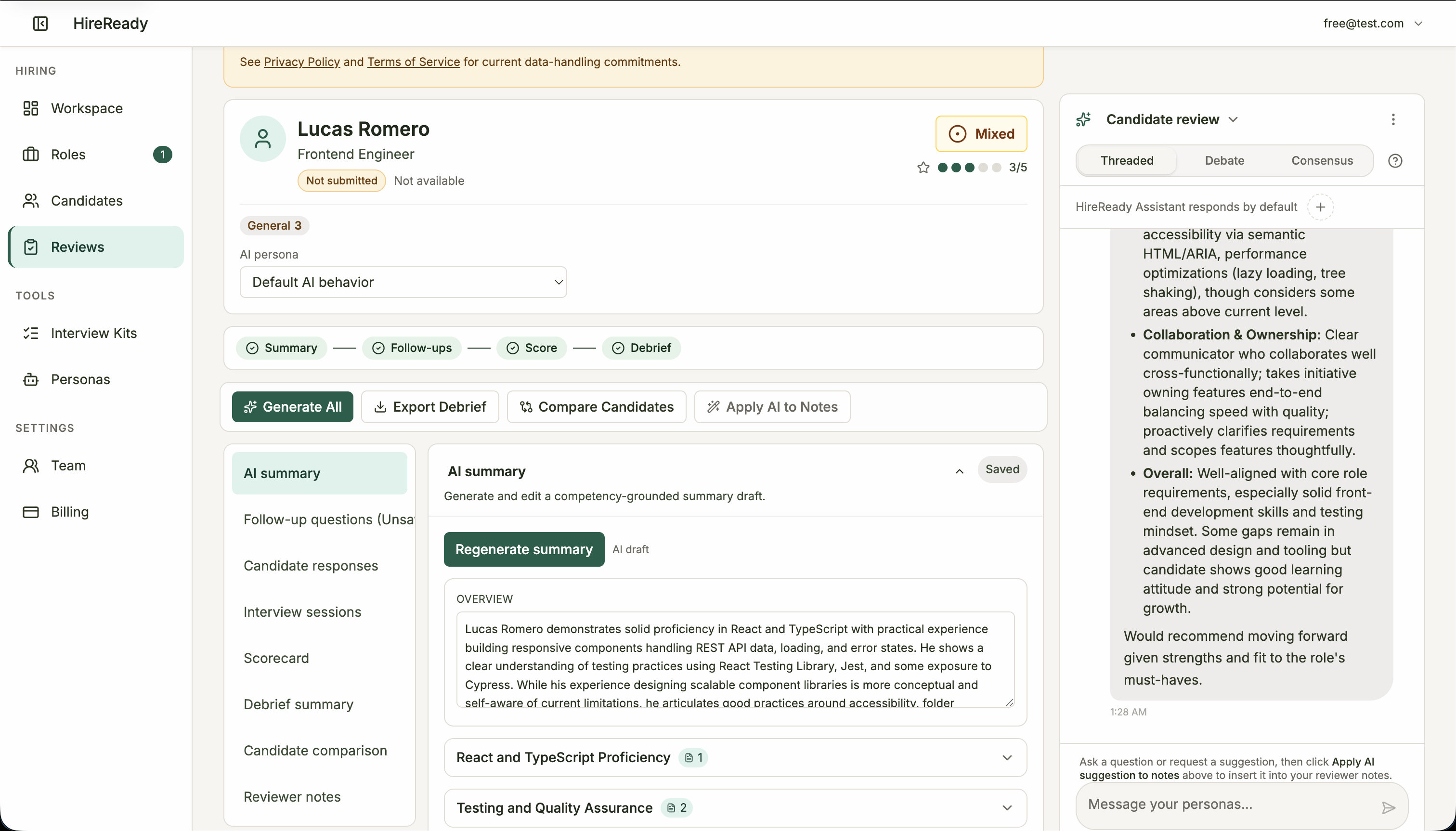Review workspace with AI summary, scorecard, and cross-candidate comparison