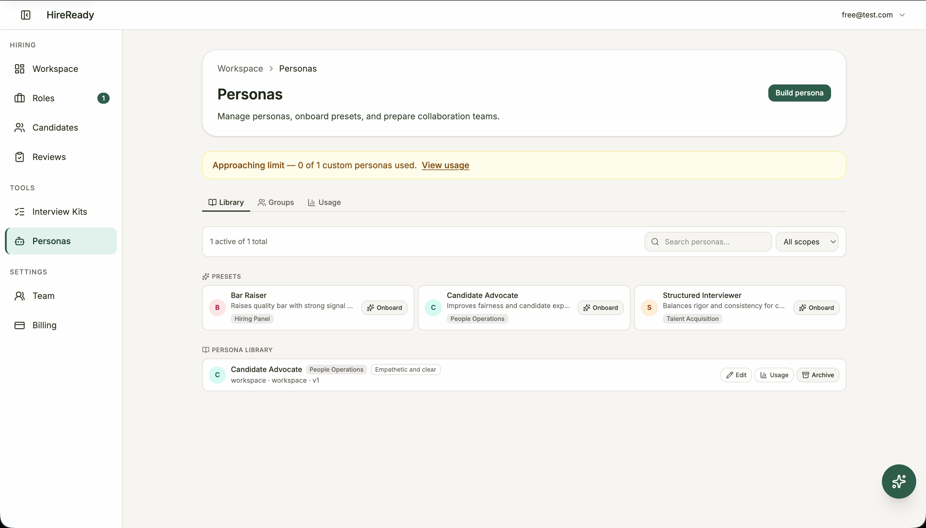 Chat panel with persona chips (Bar Raiser, Candidate Advocate) in Debate mode