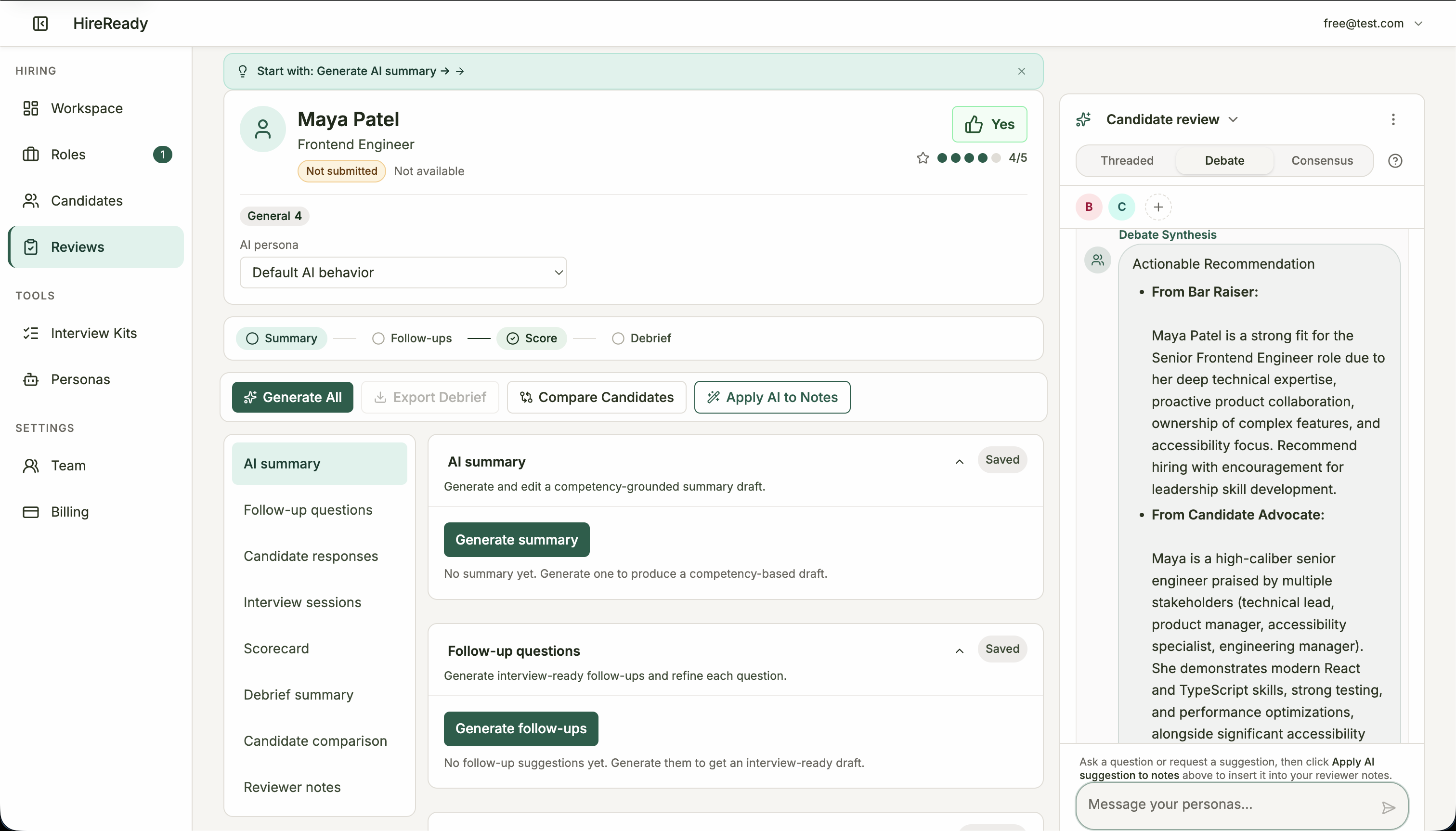 Chat panel showing AI personas in Debate mode with Bar Raiser and Candidate Advocate providing different perspectives on a candidate